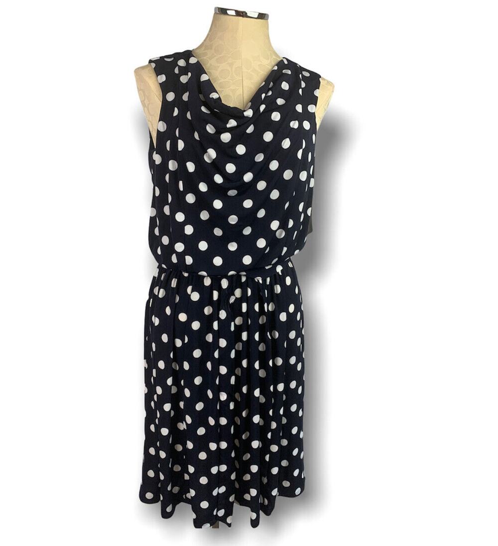 Size 12 En Focus Studio New Sleeveless Navy Blue Polka Dot Blouson Dress